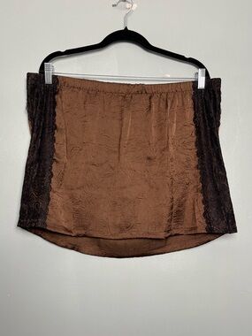 Anthropologie NWT Lace Satin Crinkle Mini Skirt Brown Black Women’s Size L